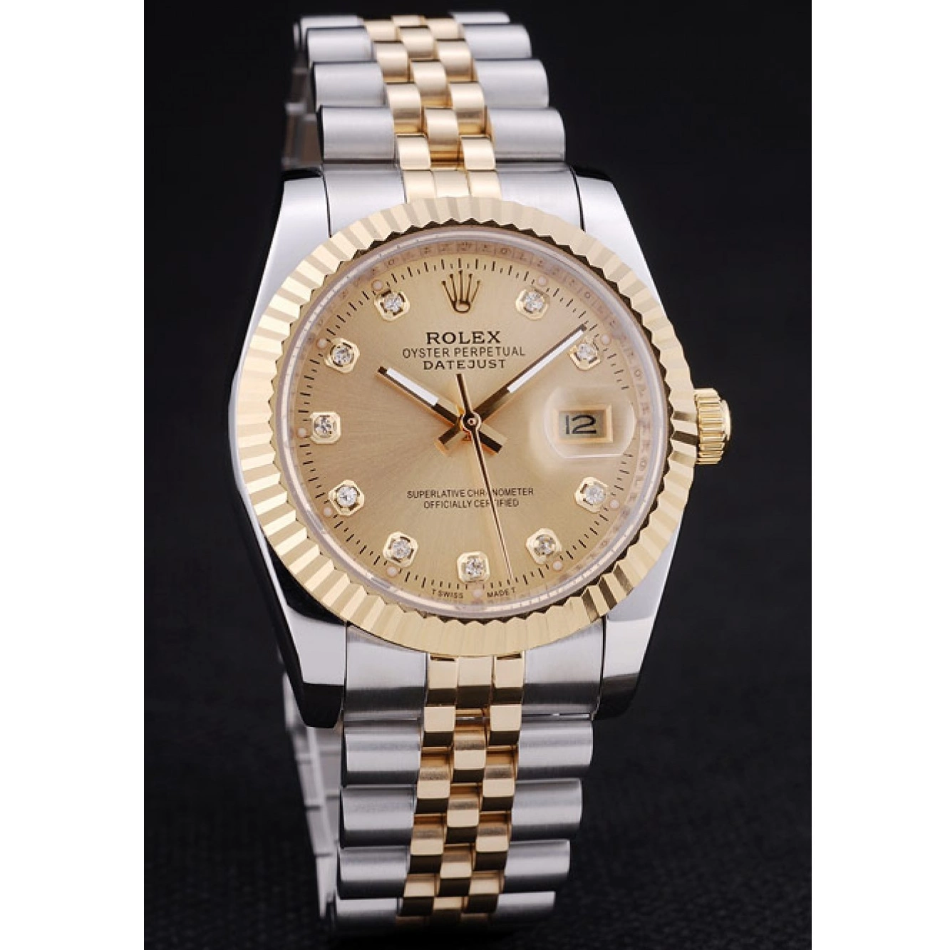 Rolex aaa copy Gold Dial Diamonds 7452 Rolex Datejust Ribbed Bezel 0605